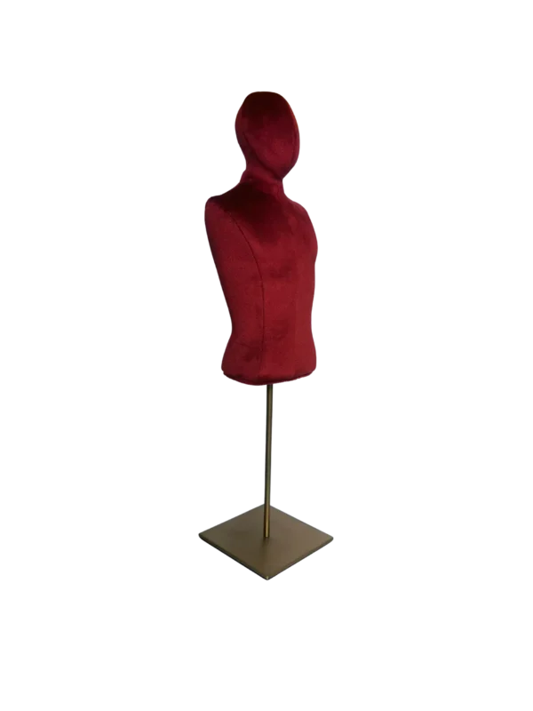 custom red velvet male mini torso display bust with gold base angled view