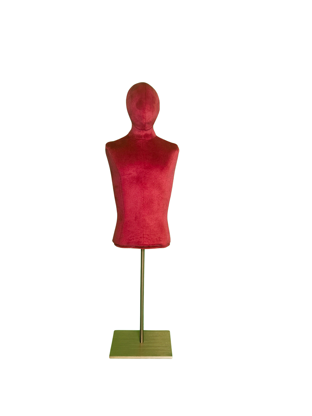 Maniquí de torso masculino mini de terciopelo rojo xintu con base cuadrada de metal (vista frontal) Vista frontal de un busto masculino XINTU, sin brazos, tapizado en terciopelo rojo y sostenido por una base cuadrada de metal.