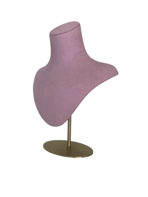 xintu-suede-necklace-display-bust-angled-view Angled view of a XINTU necklace display bust, upholstered in pinkish-purple suede, on a gold round metal stand.