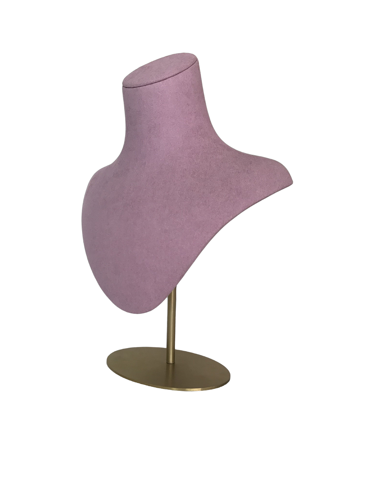 xintu-suede-necklace-display-bust-angled-view Angled view of a XINTU necklace display bust, upholstered in pinkish-purple suede, on a gold round metal stand.