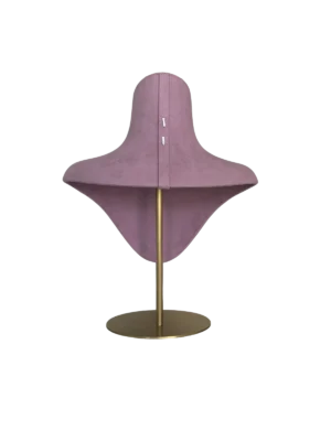 xintu-suede-necklace-display-bust-back-view Back view of a XINTU necklace display bust, upholstered in pinkish-purple suede, on a gold round metal stand.