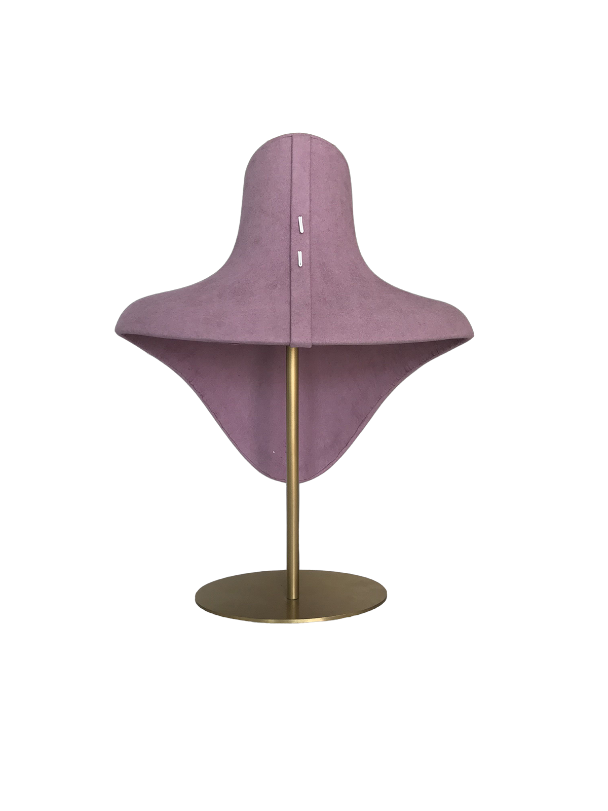 xintu-suede-necklace-display-bust-back-view Back view of a XINTU necklace display bust, upholstered in pinkish-purple suede, on a gold round metal stand.