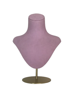 xintu-suede-necklace-display-bust-front-view Front view of a XINTU necklace display bust, upholstered in pinkish-purple suede, on a gold round metal stand.