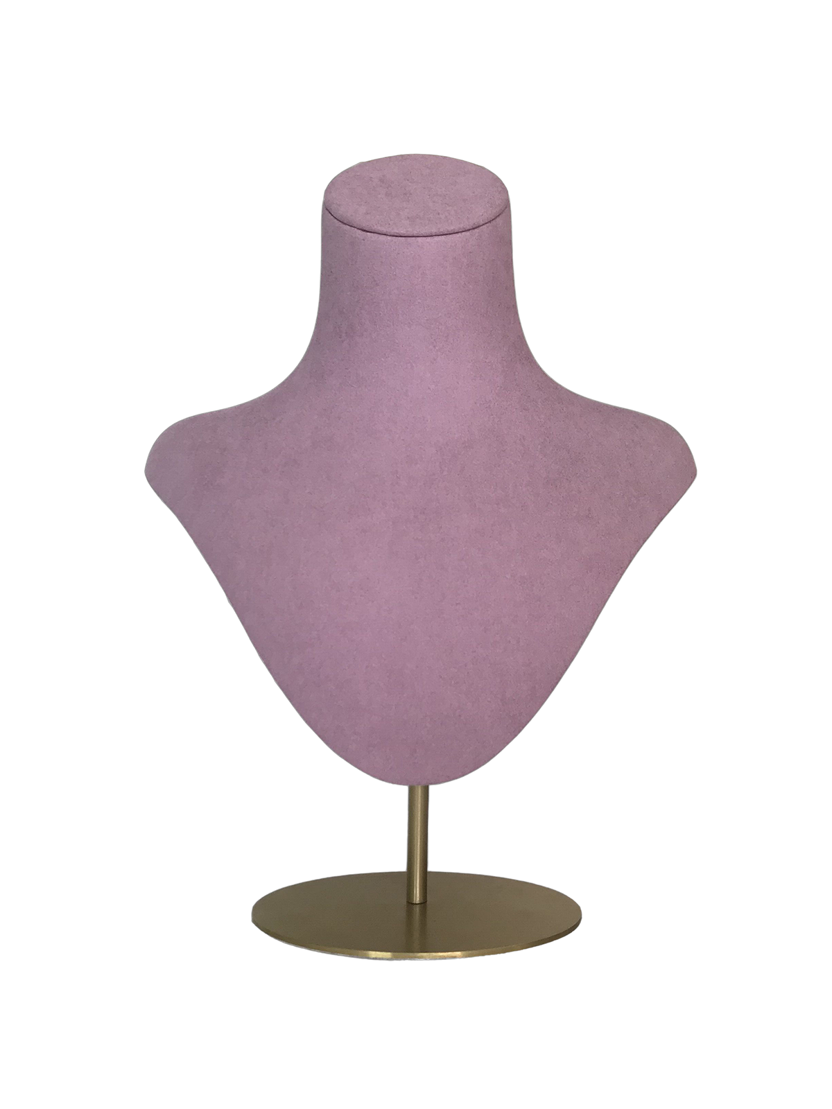 xintu-suede-necklace-display-bust-front-view Front view of a XINTU necklace display bust, upholstered in pinkish-purple suede, on a gold round metal stand.