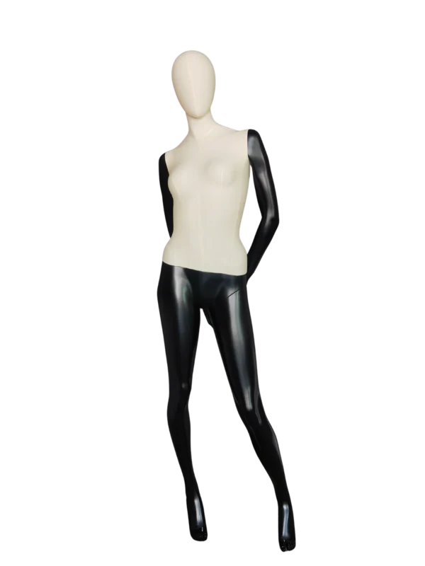 XINTU 全身女性人體模型正面圖，採用雙色設計，軀幹/頭部為米白色布料，手臂和腿部為亮黑色。.