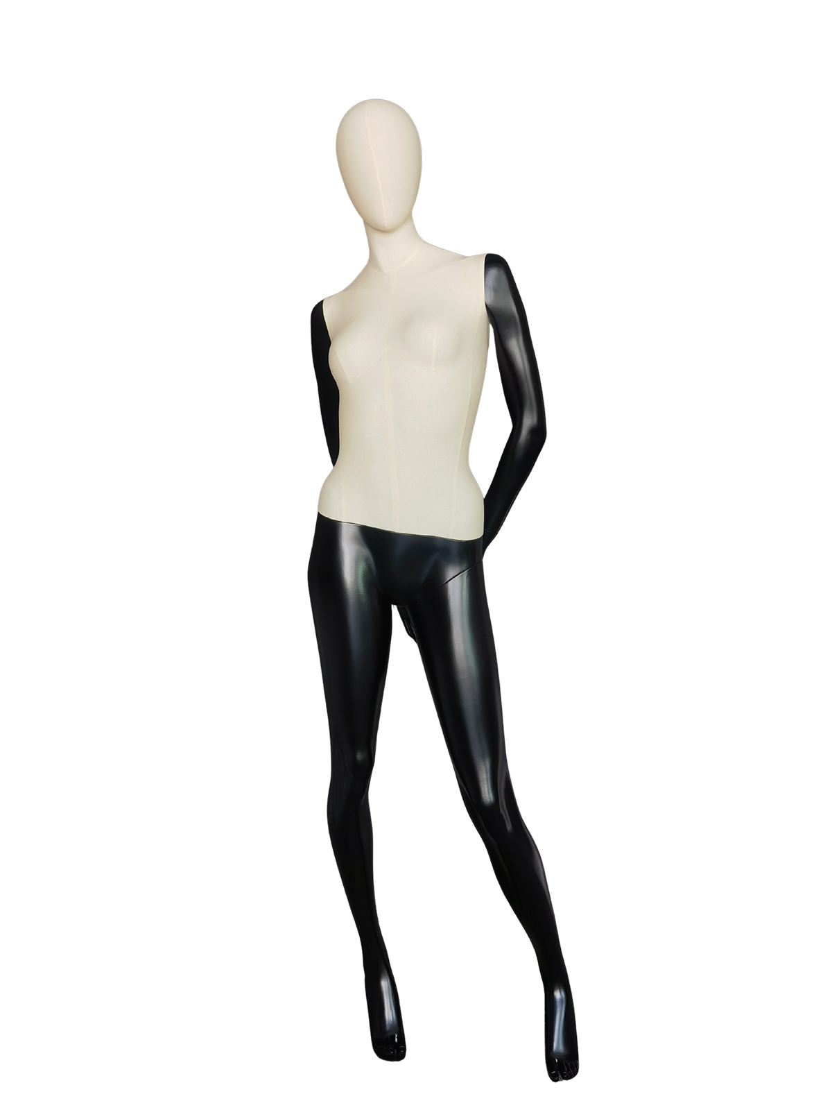 Vista frontal de un maniquí femenino de cuerpo entero XINTU, con un diseño bicolor: torso y cabeza de tela color blanco hueso, y brazos y piernas de color negro brillante.