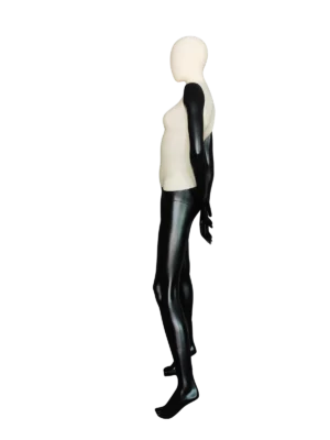 Perfil lateral de un maniquí femenino de cuerpo entero XINTU, con un diseño bicolor que incluye un torso superior de tela color blanco hueso y brazos y piernas de color negro brillante.