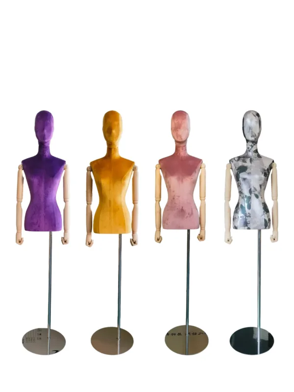 Velvet female torso mannequins with wooden arms in purple, mustard yellow, dusty pink and floral print