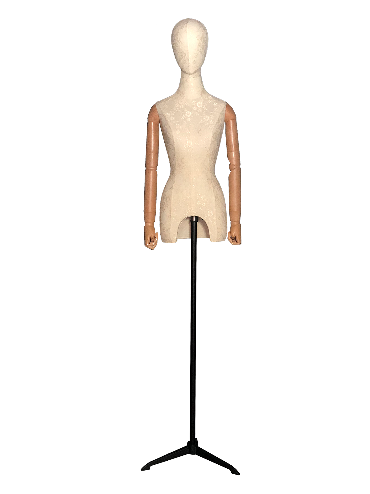 Vista frontal de un maniquí de torso femenino XINTU, cubierto de tela de encaje blanca, con cabeza abstracta, brazos de madera y soporte negro.