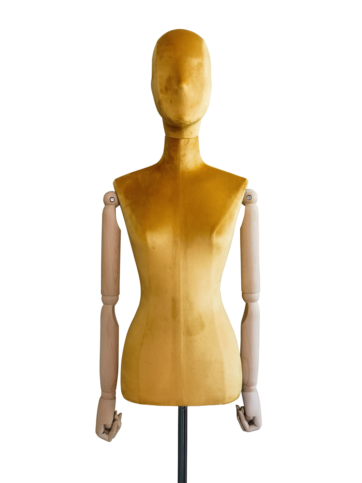 มุมมองด้านหน้าของหุ่นจำลองหญิงผ้ากำมะหยี่สีเหลือง XINTU ที่มีหัวแบบนามธรรม แขนไม้ขยับได้ และฐานโลหะกลม.