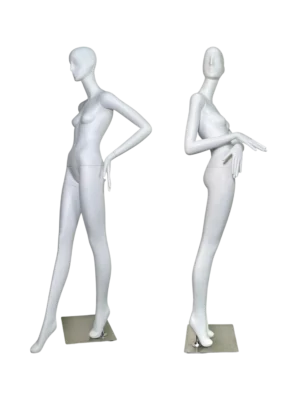 white female retail display mannequin set with abstract head in elegant standing poses for boutique fashion visual merchandising by XINTU mannequin factory