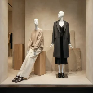 Custom mannequins displaying luxury fashion outfits in a minimalist retail store environment