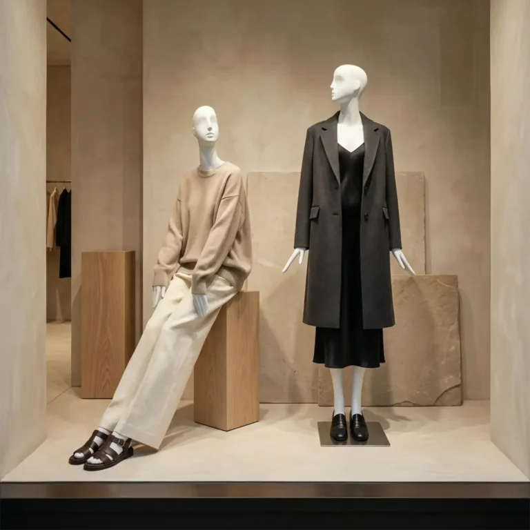 Custom mannequins displaying luxury fashion outfits in a minimalist retail store environment