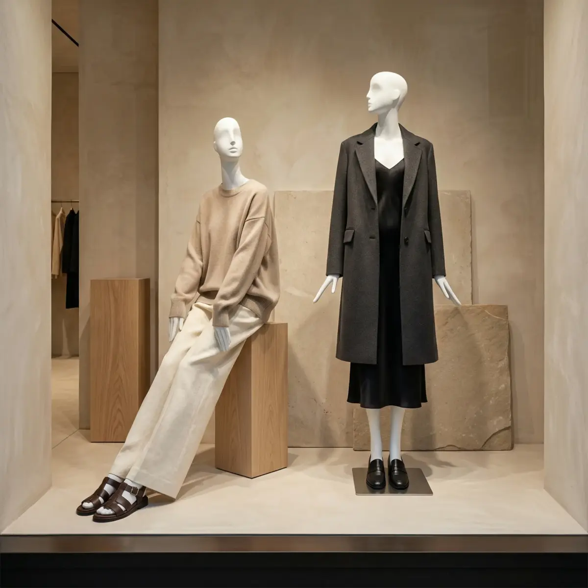 Manichini personalizzati che espongono abiti di moda di lusso in un ambiente minimalista di un negozio al dettaglio