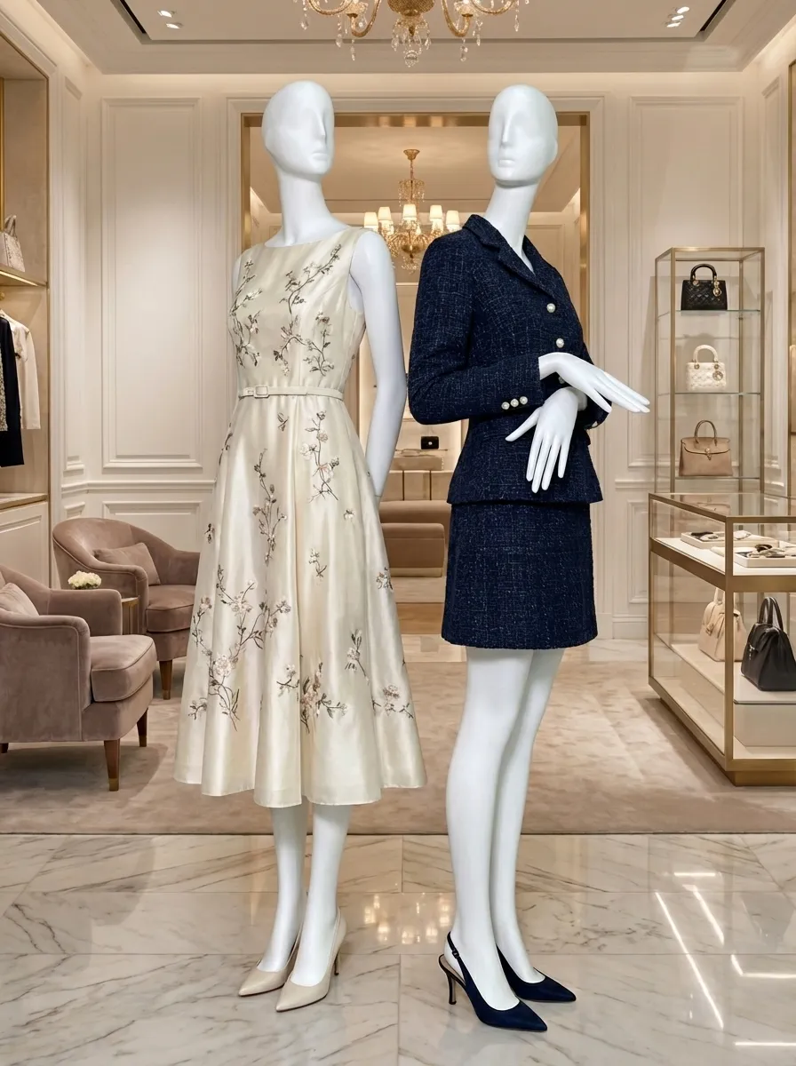 female mannequin for boutique window display with abstract head and fashion outfit