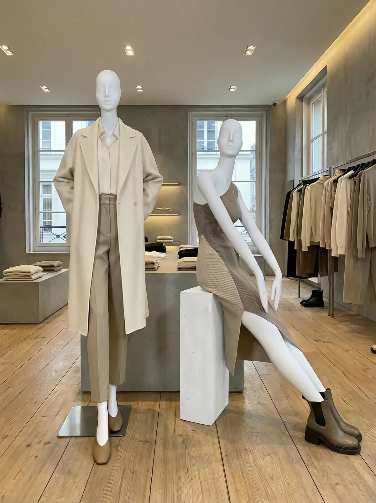 minimalist female retail mannequin styling set for fashion store visual merchandising