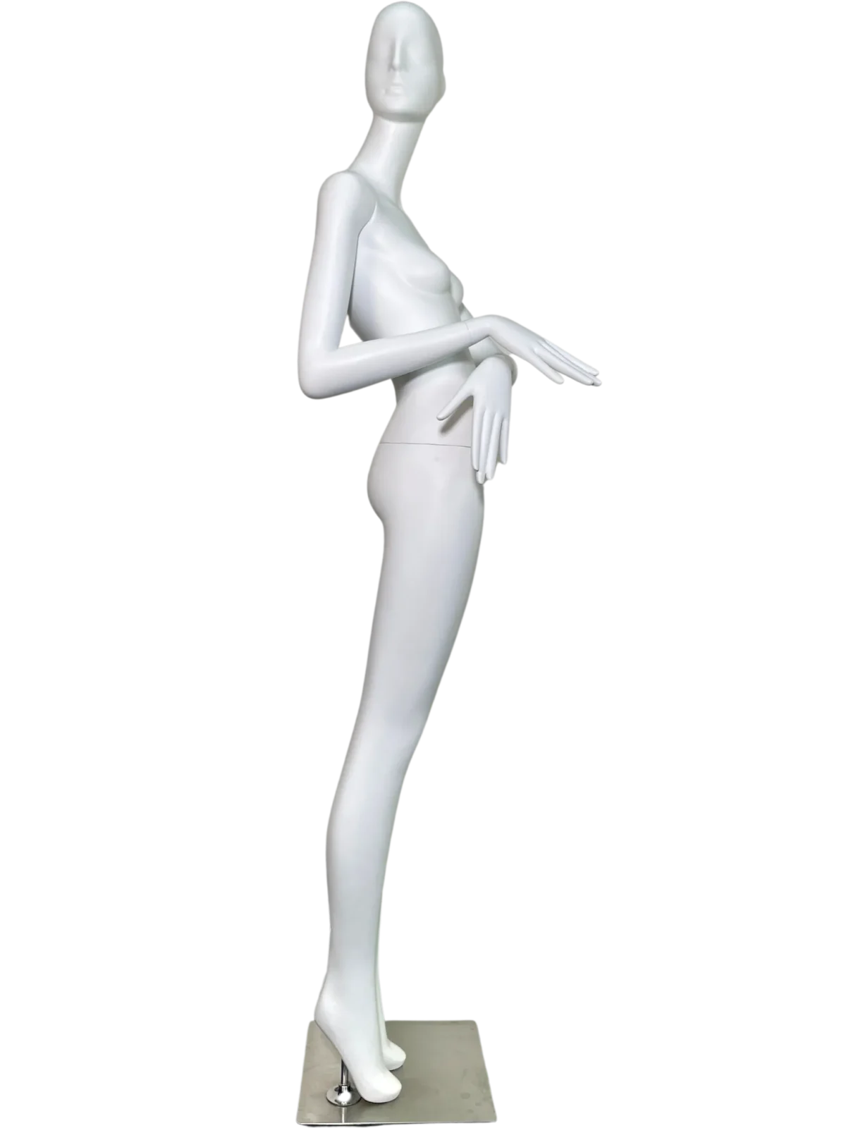 white female retail display mannequin with abstract head in elegant bending pose for boutique fashion visual merchandising by XINTU mannequin factory