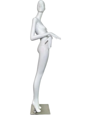white female retail display mannequin with abstract head in elegant bending pose for boutique fashion visual merchandising by XINTU mannequin factory