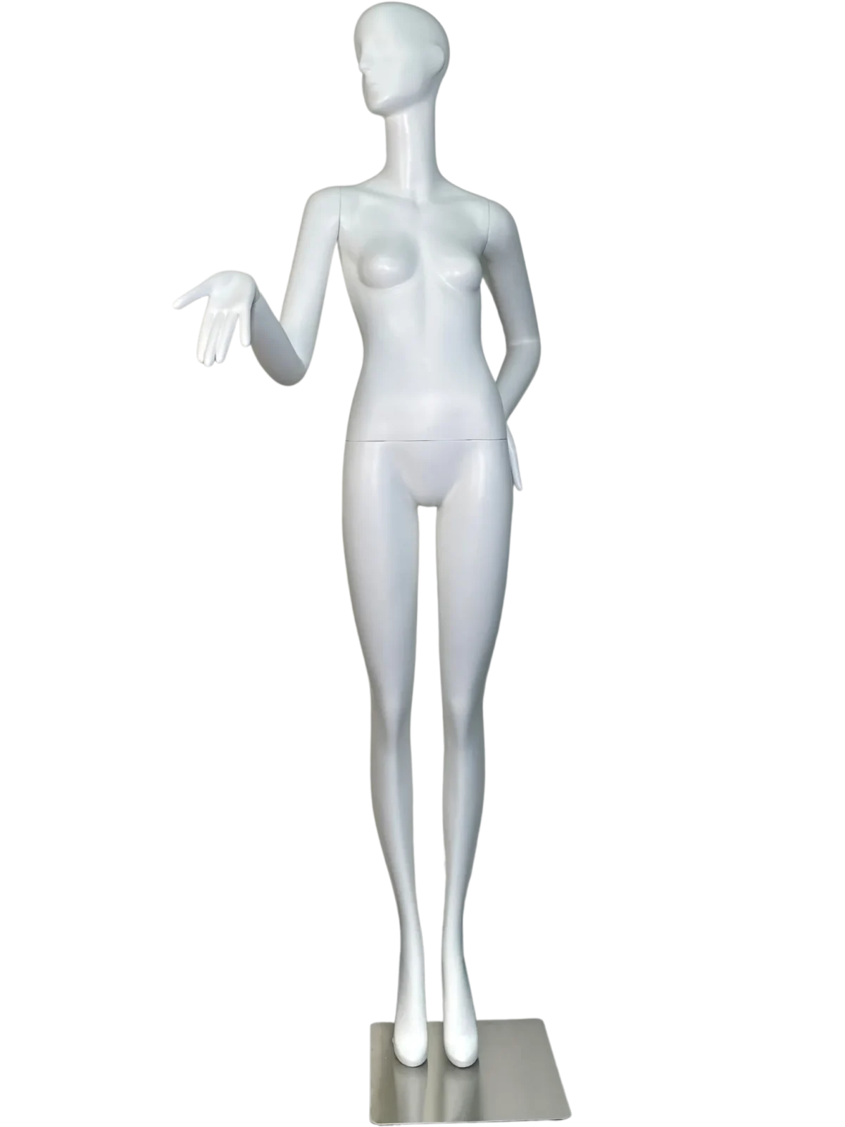white female retail display mannequin with abstract head in dynamic hand pose for boutique fashion window display by XINTU mannequin factory