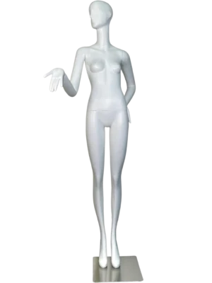 white female retail display mannequin with abstract head in dynamic hand pose for boutique fashion window display by XINTU mannequin factory