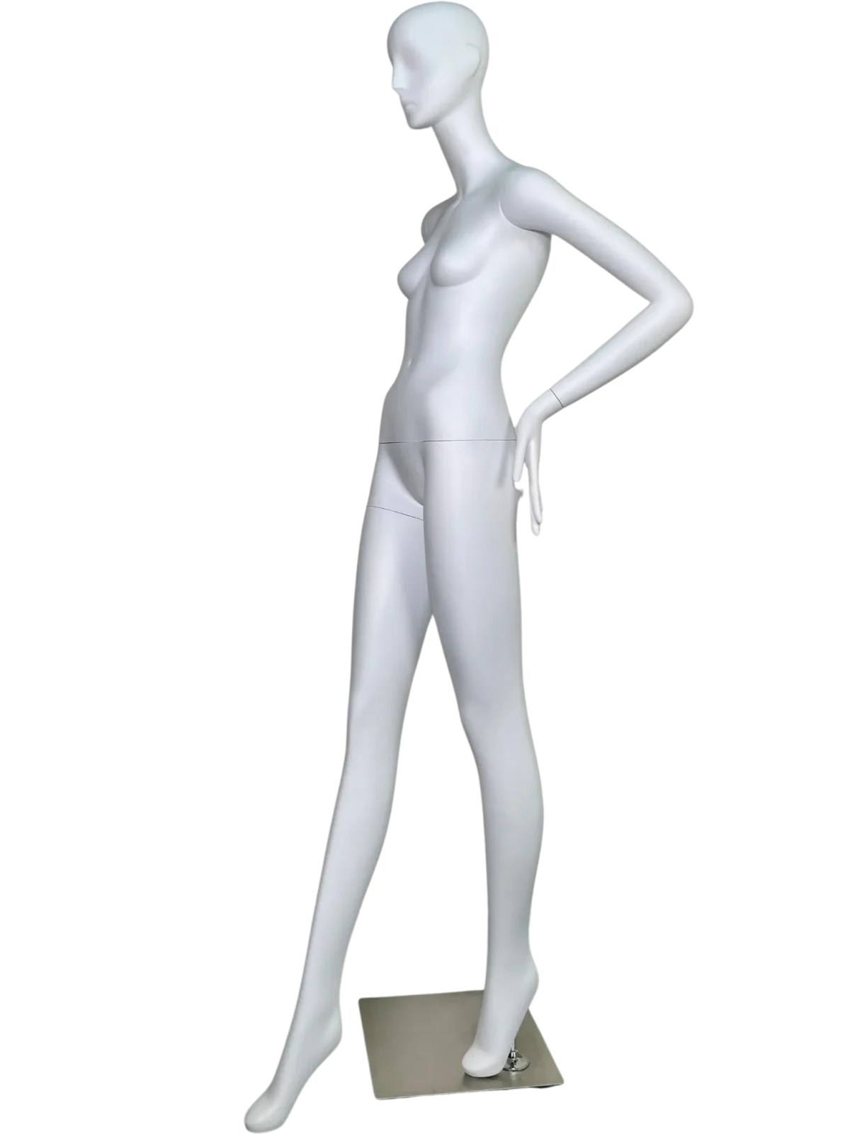 white female retail display mannequin with abstract head standing in elegant hands on hip pose for boutique fashion window display by XINTU mannequin factory
