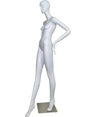 white female retail display mannequin with abstract head standing in elegant hands on hip pose for boutique fashion window display by XINTU mannequin factory