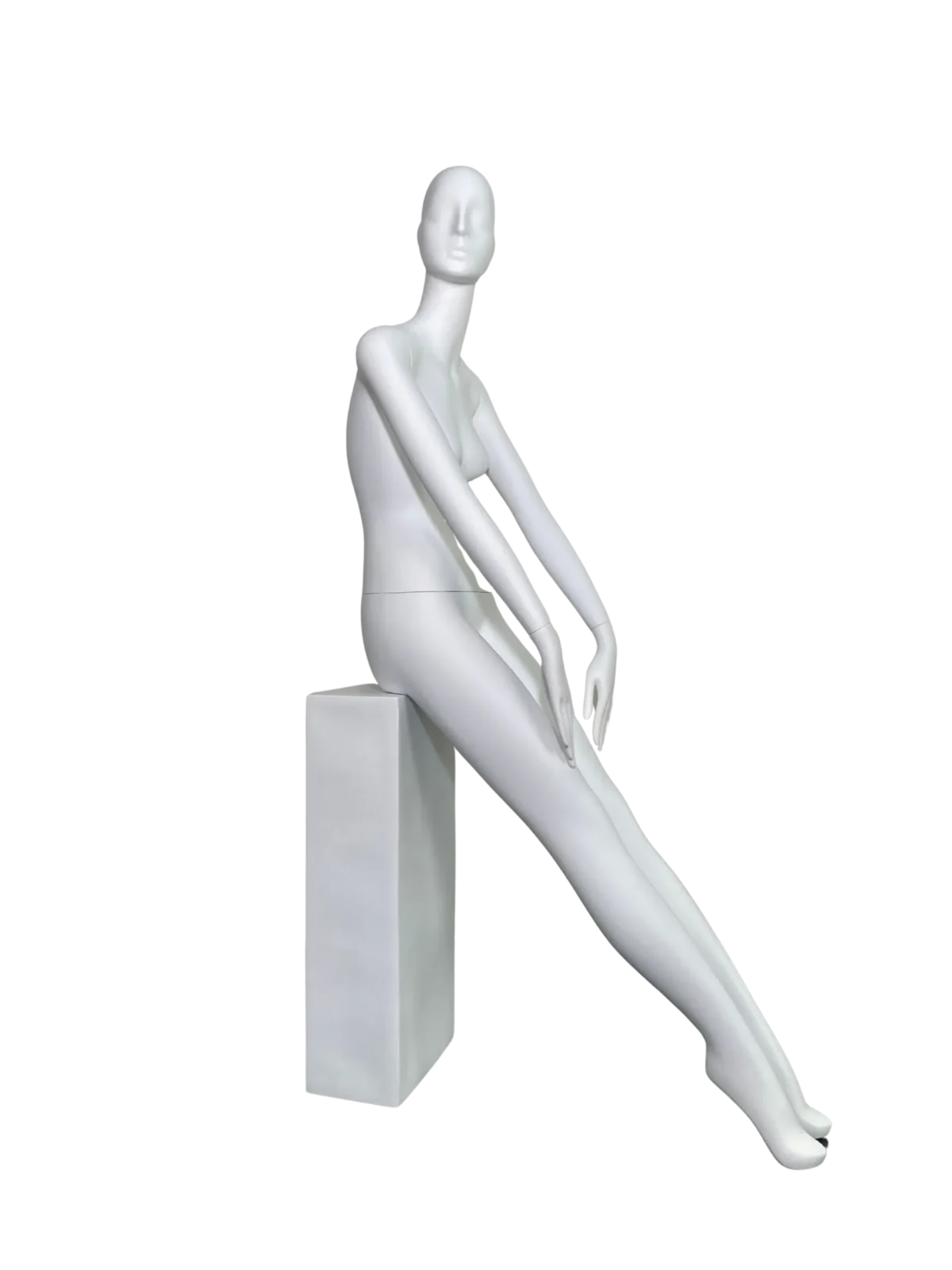 white female retail display mannequin with abstract head seated on block with long legs for boutique fashion window display by XINTU mannequin factory
