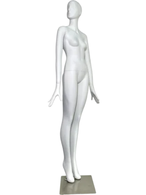 white female retail display mannequin with abstract head and elegant standing pose for fashion window display by XINTU mannequin factory