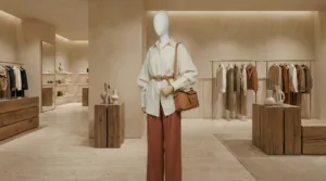 fabric mannequins used in luxury boutique store display with female mannequin wearing neutral fashion outfit