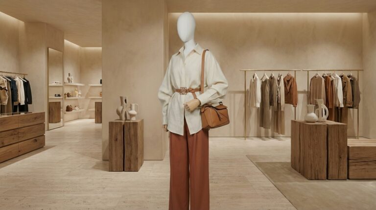 Maniquí femenino de cuerpo entero de tela de lujo Xintu, con estilo minimalista en el interior de una tienda boutique.