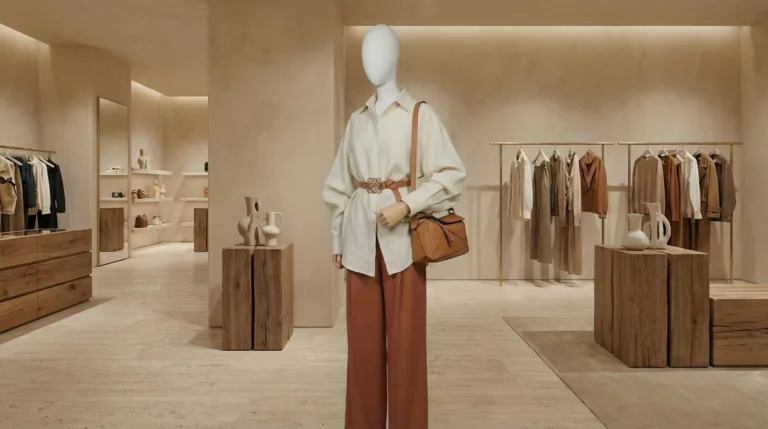 fabric mannequins used in luxury boutique store display with female mannequin wearing neutral fashion outfit