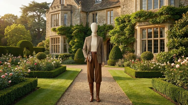 Maniquí femenino de cuerpo entero de tela de lujo Xintu con estilo en un entorno clásico de jardín al aire libre.