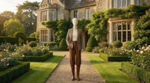 fabric covered mannequins used in luxury garden retail display with female mannequin wearing elegant outfit