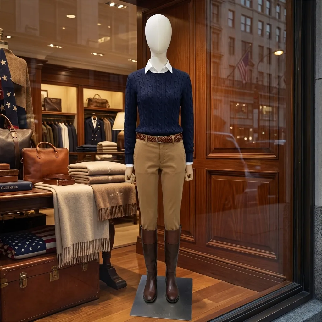 luxury fabric covered female mannequin with adjustable wooden arms in premium boutique window display