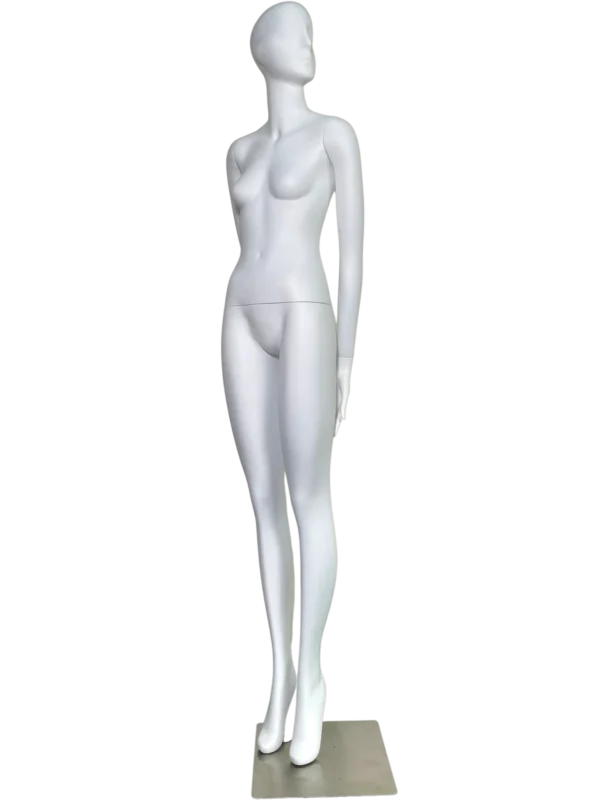 white female retail mannequin with abstract head and slim standing figure for fashion window display by XINTU mannequin factory