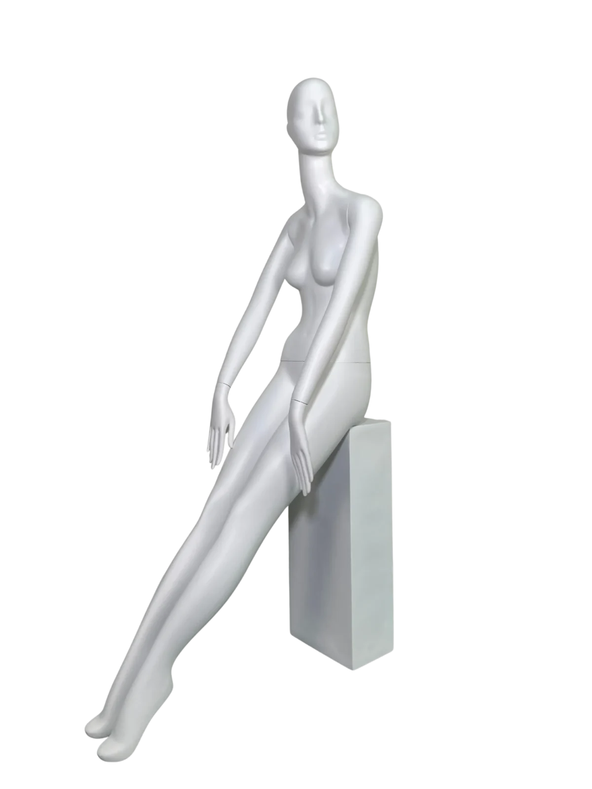 white seated female retail mannequin with abstract head and long legs for boutique window display by XINTU mannequin factory