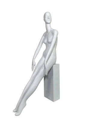 white seated female retail mannequin with abstract head and long legs for boutique window display by XINTU mannequin factory