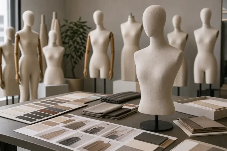 International buyer reviewing custom mannequin samples for a retail display project