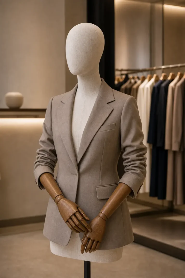 Articulated wooden arm mannequin styled with a tailored jacket in a boutique display