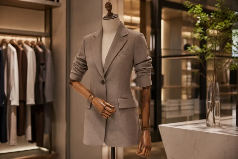 Articulated wooden arm mannequin styled in a boutique apparel display