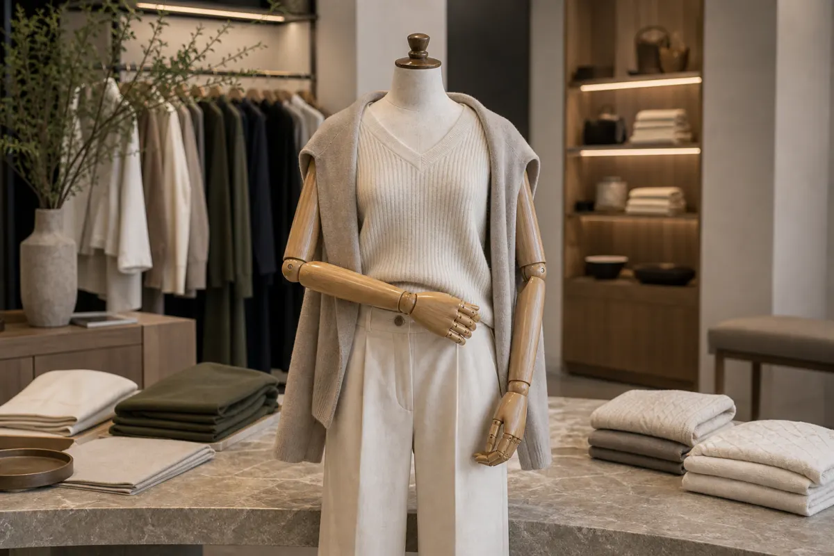 Reseña de visual merchandising sobre poses de maniquíes con brazos de madera para prendas en capas