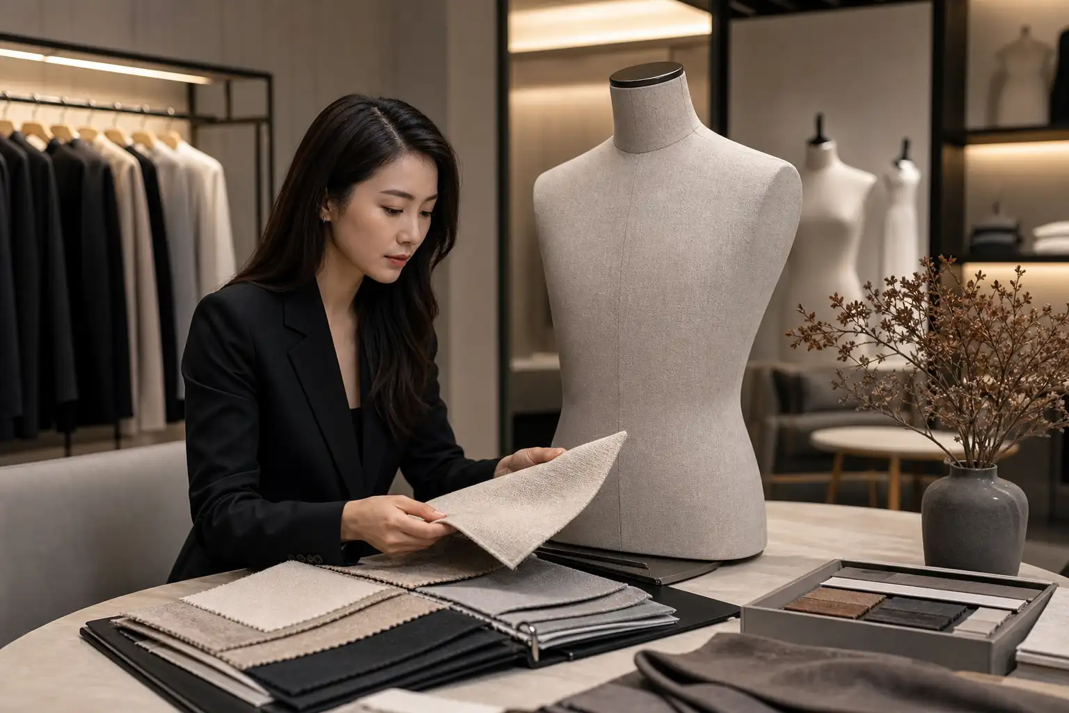 Retail buyer reviewing fabric swatches beside a premium mannequin sample during finish selection