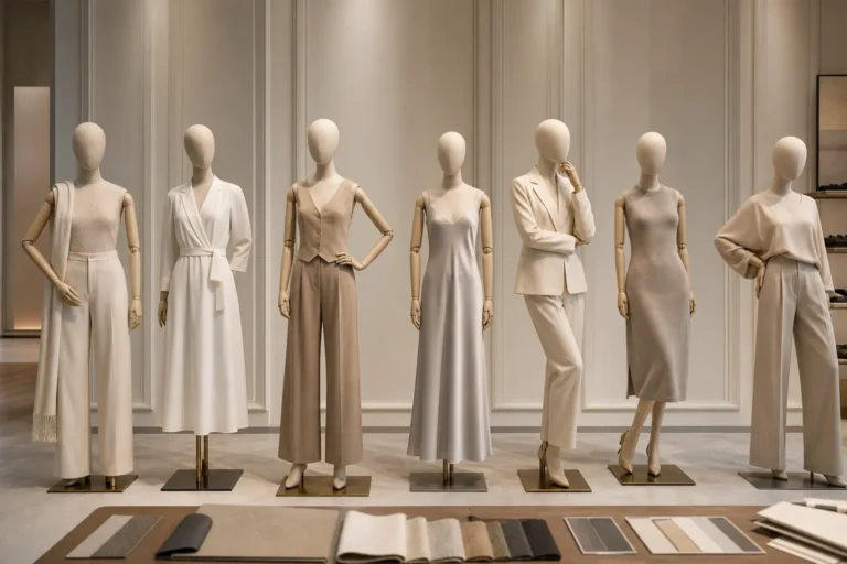 Lineup of custom mannequin pose samples under review in a retail display approval studio