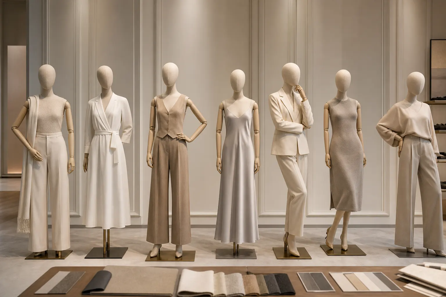 Lineup of custom mannequin pose samples under review in a retail display approval studio