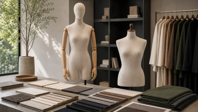 Fabric covered mannequins with neutral color swatches for boutique color matching