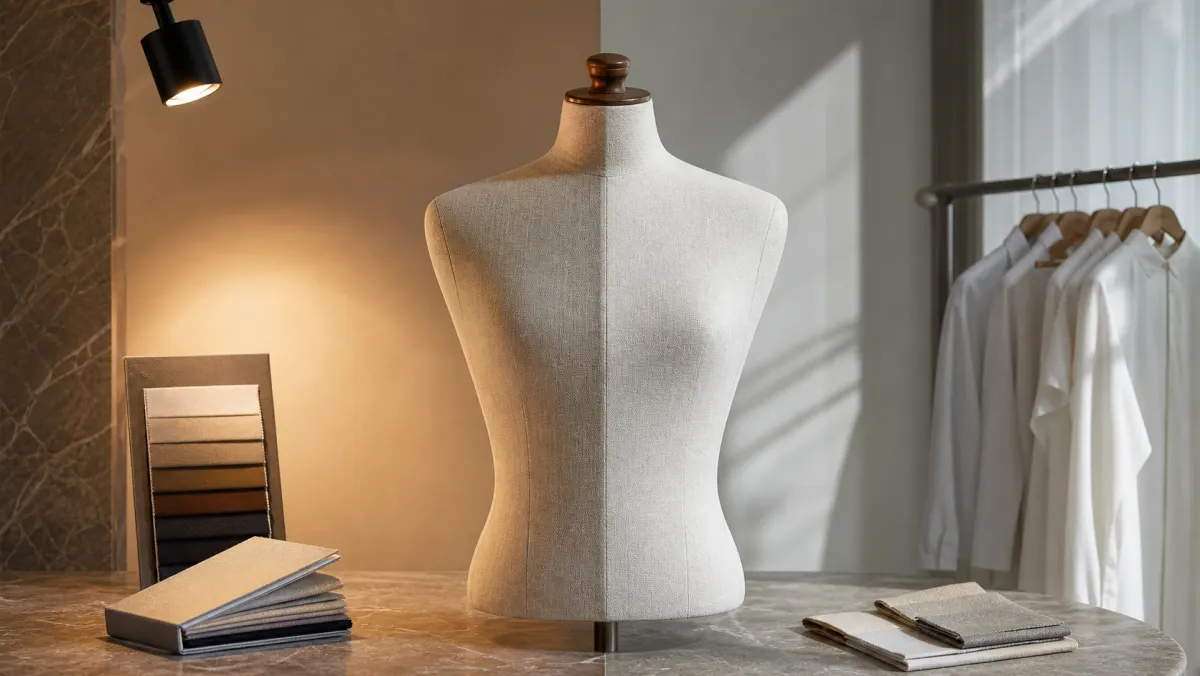 Superfície do manequim revestido de tecido avaliada sob iluminação de boutique e luz natural