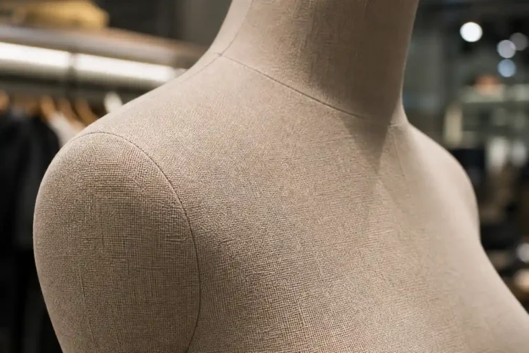 Close-up review of seam quality and fabric texture on a premium display mannequin