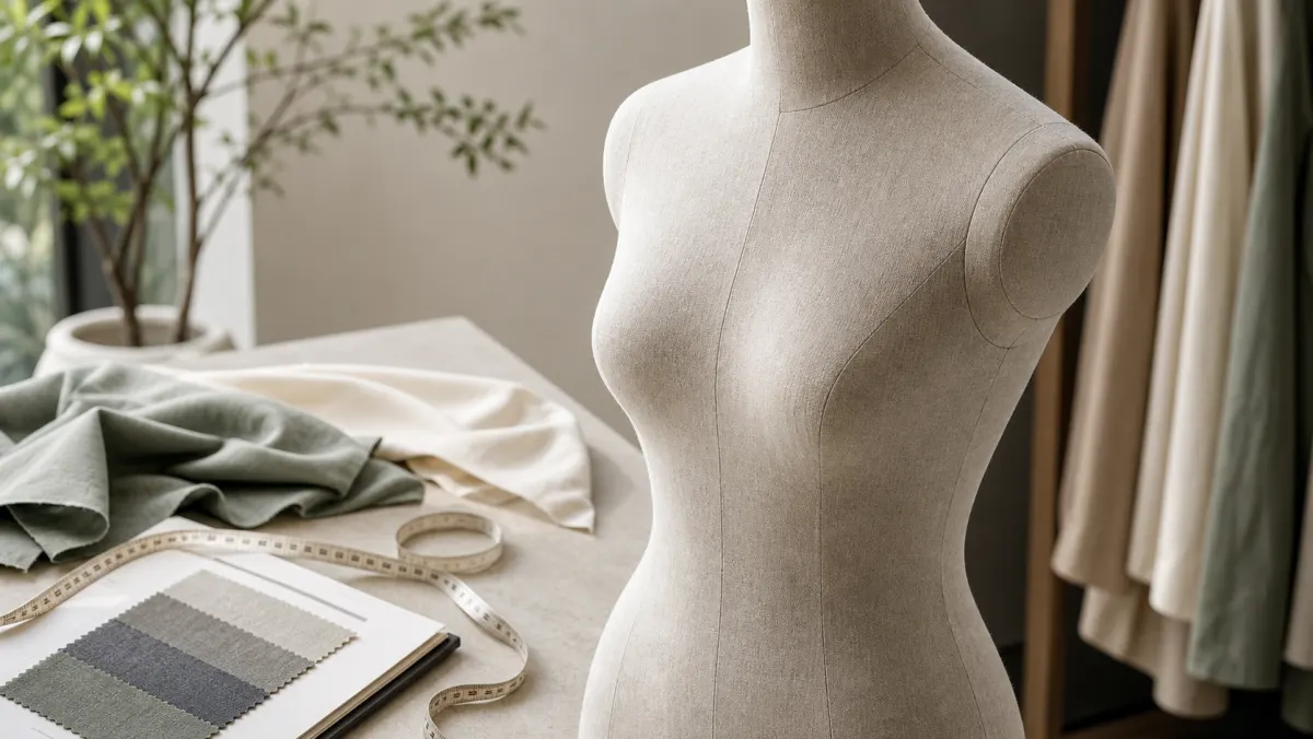 Vista cercana de un maniquí recubierto de tela: revisión de las proporciones de hombros, cintura y cadera