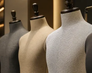 Close-up of premium fabric textures on retail display mannequins in a boutique review setting
