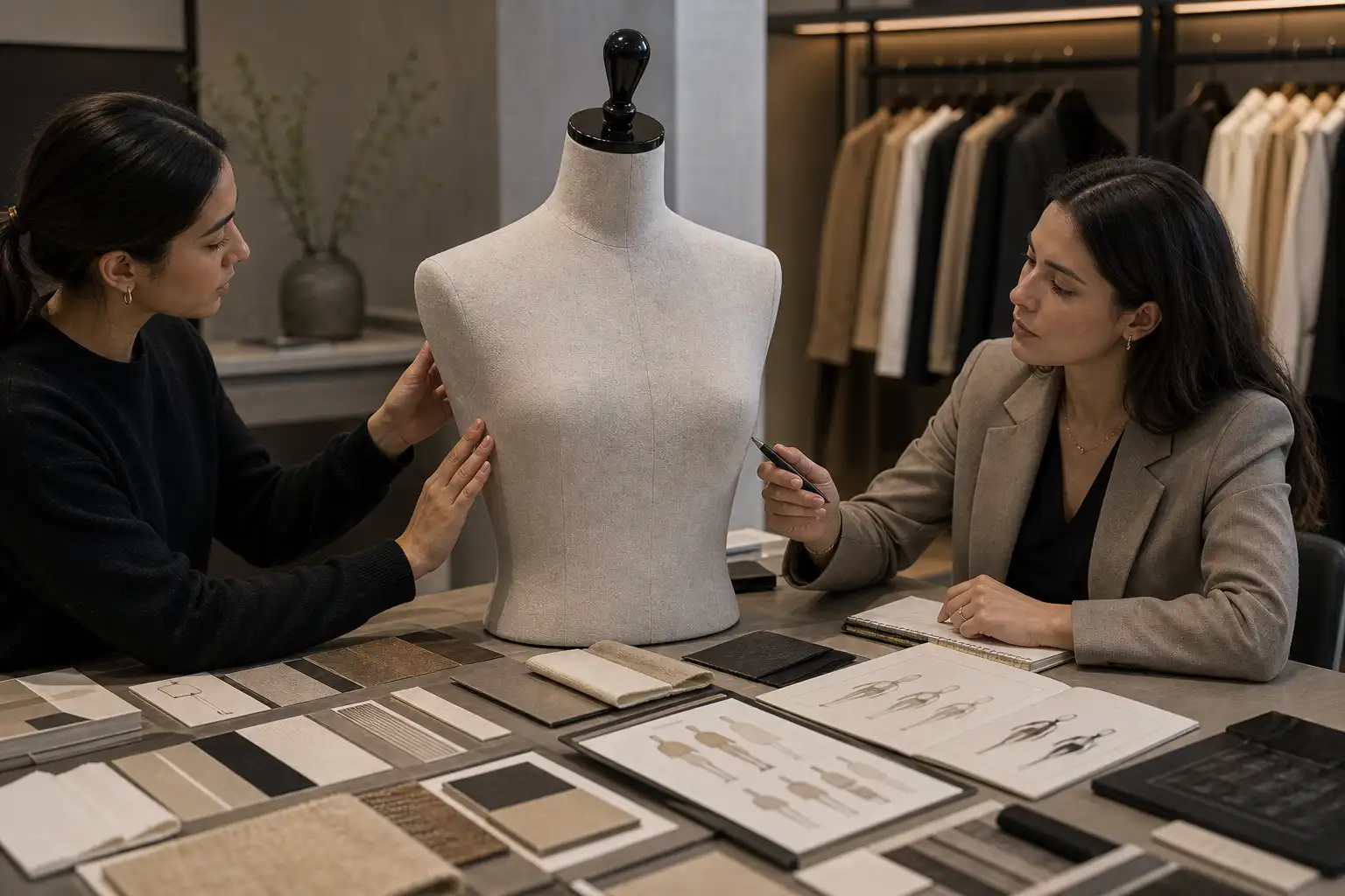 Finish swatches and mannequin sample reviewed together at a quality control desk